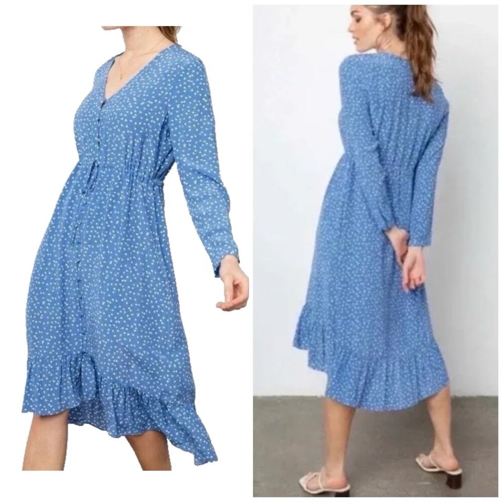 Rails Jade Blue/White Wisteria High -low Midi Dress M Floral Long Sleeve